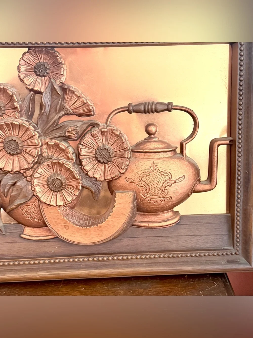 Vintage 70s Wall Hanging Teapot Daisies Coppercraft Guild 3D Faux Copper Kitchen